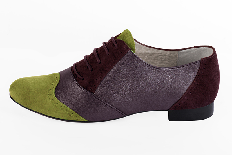 Pistachio green, mulberry purple and wine red women's fashion lace-up shoes. Round toe. Flat leather soles. Profile view - Florence KOOIJMAN